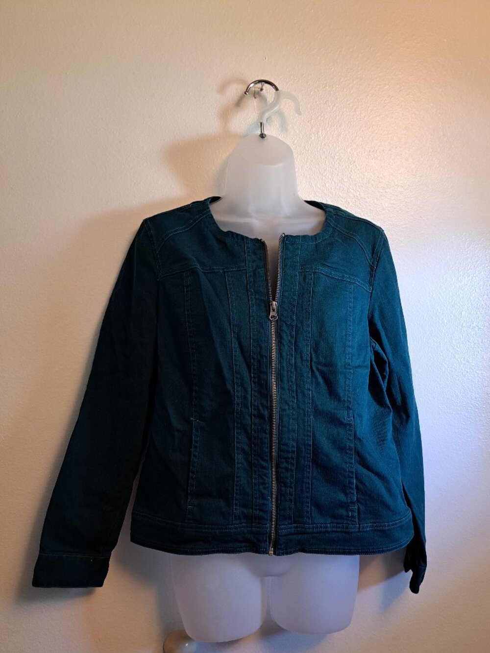 Christopher Banks Collarless Zip Front Dark Teal Denim Jacket,Chore Coat